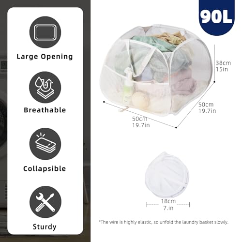 Image of Collapsible Laundry Basket 90L, Foldable Mesh Pop-up Laundry Hamper with Handles, Dirty Clothes Hamper for Laundry with Side Storage Pocket(White, 2PCS)