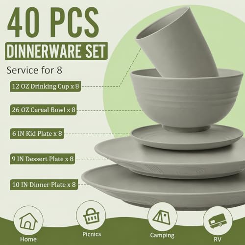 Image of Unbreakable Wheat Straw Dinnerware Set 40 PCS - Wheat Straw Plates and Bowls Sets With Cups for 8 Dishwasher & Microwave Safe Lightweight Dish Set for Party Camping Kitchen - Grey