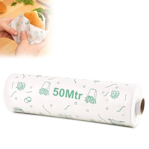 Image of GLUN 50 Meter Graseproof Wrapping Paper Roll, Non-Stick Back Food Wrapping Paper, Roti Wrapping, Baking Non-Stick, Re-Heatable, Oven Safe Paper