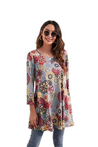 Enmain Tunic Tops For Women Loose Fit With Leggings Plus Size Tunics 3/4 Sleeve Dressy Casual Swing Ladies Blouses Floral Crewneck Flare T Shirts Grey Red #TOP7