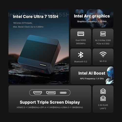 Image of BOSGAME Ai Mini PC M3, Intel Core Ultra 7 155H (16C /22T) Mini Computers Dual Channel 32GB DDR5 1TB m.2 NVMe SSD, Thunderbolt 4 Mini Desktop PC, Wi-Fi 6, Bluetooth 5.2