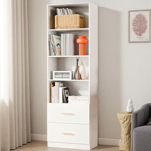 Cozy Castle 74.1'' Tall Bookcase with Drawers, 4-Tier Open Bookshelf & Adjustable Storage Shelves, 23.6" Wide Floor Standing Bookcase for Home Office, Bedroom, Living Room, White