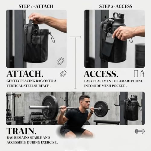 Image of Magnetic Gym Bottle Holder Bag with Storage Pockets, Zippered Compartments & Phone Mesh Pocket - Water Bottle Carrier for Gym Rack, Locker, Car and Fitness Equipment | Holds up to 3 kg