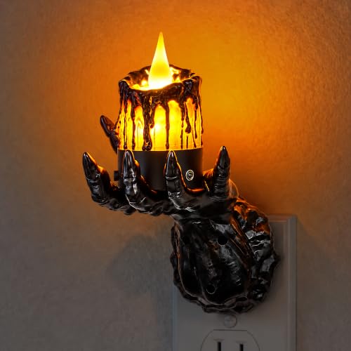Image of Briignite Halloween Night Light, Gothic Hand Candle Night Light, Amber | Spooky night lights plug into wall with flickering flame, dimmable, 2 light modes /flame modes for Halloween decor and parties