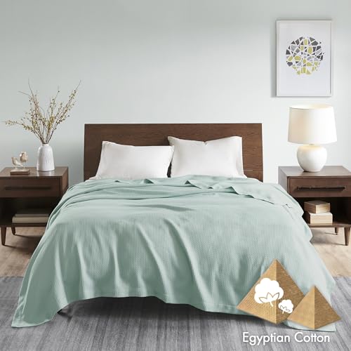 Image of Madison Park 100% Egyptian Cotton King Size Bed Blanket for Summer Seafoam | Cozy Soft Breathable Durable, Waffle Weave Woven Casual, Lightweight Knit All Season Throw for Bed Couch or Sofa, OEKO TEX