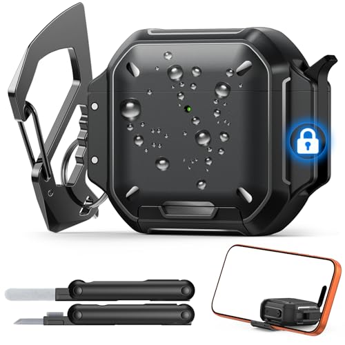 Image of MoKo for AirPods 4 Case Cover with Lock, Waterproof, Black | Secure Lock, IP68 Waterproof, Military‑Grade Shockproof, Keychain, Phone Stand, Cleaner Kit