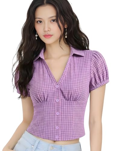 Image of Women V-Neck Puff Sleeve Crop Top with Back Tie-Up Detail
