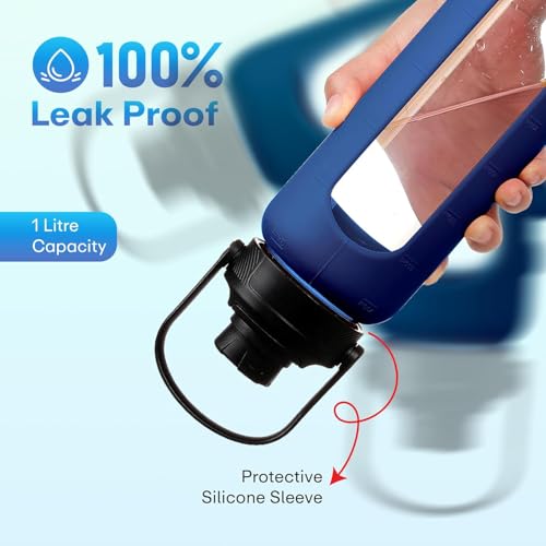 Image of Rioware Motivational Borosilicate Glass Water Bottle 1 Litre with Silicone Sleeve | Time Markings, Airtight, Leak-Proof BPA-Free Bottle For Fridge, Gym, Travel, Office & Home (BLUE PO2)
