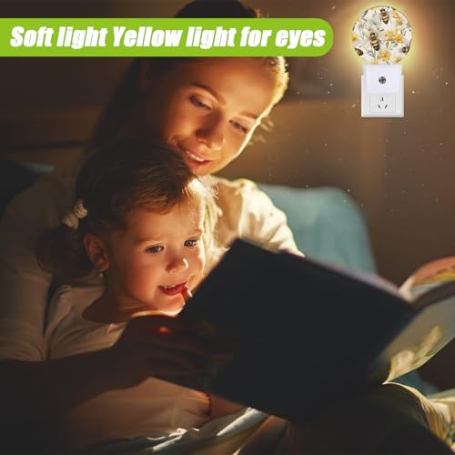 Image of Cute Bee Night Light,Watercolor Floral Night Lights Plug into Wall for Kitchens Toilets Bedroom Decorative Half Round Nightlight Led Lamp 0.5W Sleep Friendly