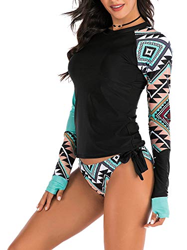 Damen 2-teiliger Badeanzug mit langen Ärmeln, Rashguard, Surfen, Neoprenanzug, UV-Badeshirts, Tankini-Set, Rashguard, Oberteil und Slip Gr. 38, Schwarz 0787 Cover