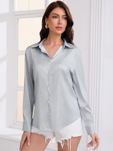 Image of Premium Soft Breathable Stretch Satin Silk Button Down Shirts for Women Long Sleeve Leopard Blouses Work Dress Tops