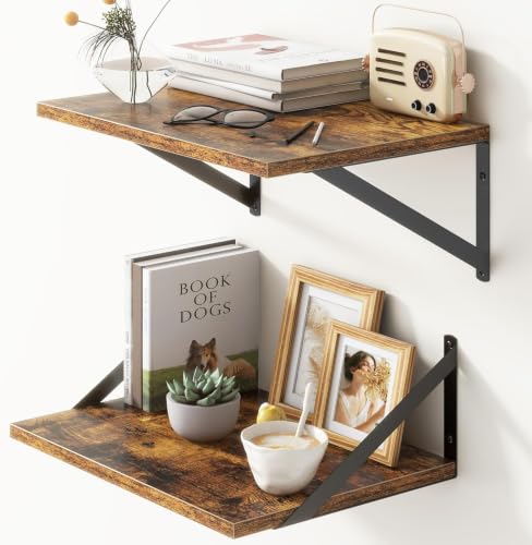 Image of Floating Wall Shelves, Set of 2, Rustic Brown Engineered Wood with Metal Brackets, 14x8 Inch, for Living Room, Kitchen Storage and Decor