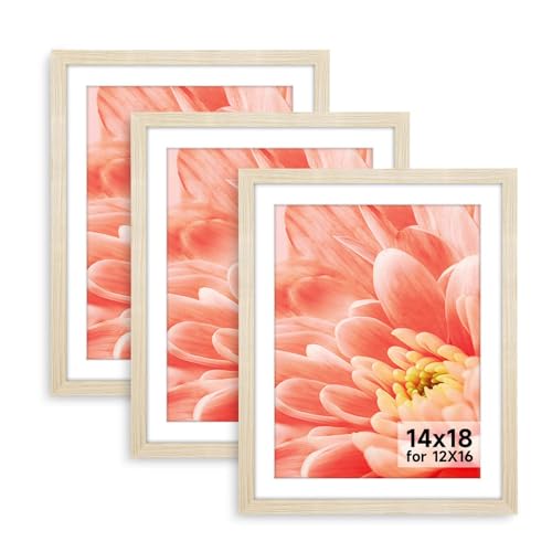 Image of HLiWEGNS Oak 14x18 Frame Set of 3 - Rustic Woodgrain 14 x 18 Poster Frame for Pictures 12x16 with Mat or 14x18 Picture Frame Without Mat for Wall Gallery Display - Ideal Christmas Day