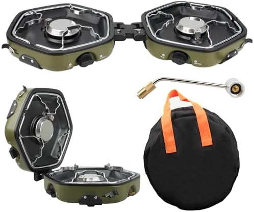 ANQIA Folding Camping Stove Portable Propane Camp Stove for Camping, Backpacking with 17,000 BTU 2 Adjustable Burners Piezo Ignition for Outdoor BBQ Cooking Green