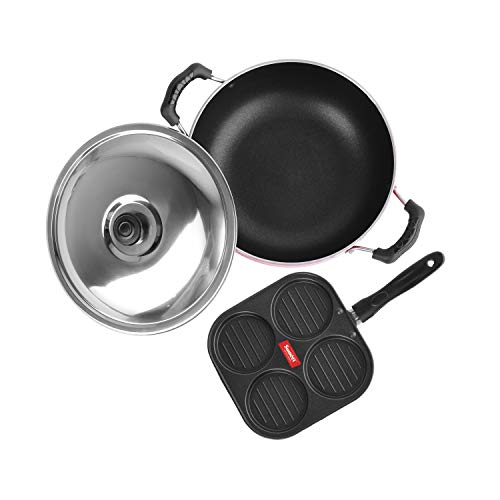 Image of Sumeet 2.6mm Thick Non-Stick Apple Cookware set (Mini Multi Snack Maker - 19.5cm Dia + Kadhai with Lid - 1.5Ltr capacity- 20cm Dia)