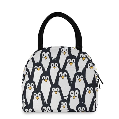 ZzWwR Cute Penguin Cartoon Reusable Lunch Tote Bag with Front Pocket Insulated Thermal Cooler Container Bag for Back to School Work Travel Fishing Picnic Beach