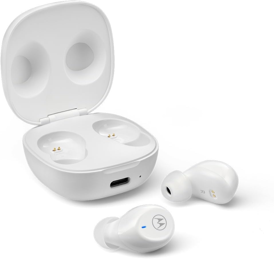 Motorola Moto Buds 105 True Wireless Bluetooth Earbuds with ENC, 21H Playtime, Touch Controls, IPX5 Water Resistance, Compact Charging Case, Comfortable in-Ear Fit - White