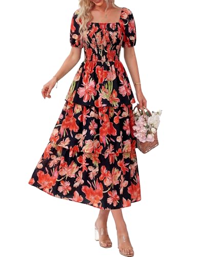 Image of BTFBM Womens Floral Smocked Summer Maxi Dresses | Square Neck Puff Short Sleeve Ruffle Tiered, 2026 Trendy Casual Sundress, Cruise Holiday Beach Vacation Wedding Guest Dress