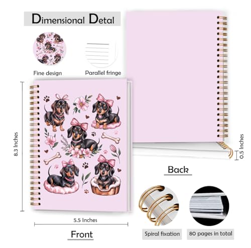 XUNLURY Coquette Pink Bow Dachshund Notebook, Weiner Dog Gifts for Women Journal, Dachshund Lovers Gifts Journal, Pink Flower Sausage Dog Hardcover Spiral Notebooks, 5.5x8.3 Inch — view 2