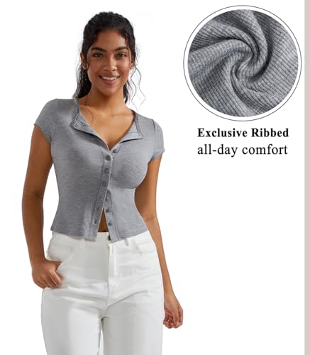 Image of OMKAGI Women Button Down Ribbed Short Sleeve Shirts Fitted Knit Cropped Cardigan Sweaters