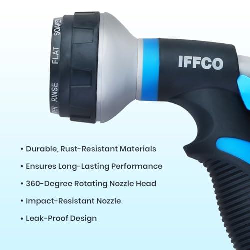 Image of IFFCO Urban Gardens - Hose Nozzle 1 Pc - 8 Mode Watering Spray Gun for Plants & Gardening - Soft-Grip Handle, Adjustable Nozzle Lock - Durable, Rust Resistance, Leakproof Design Spray Nozzle