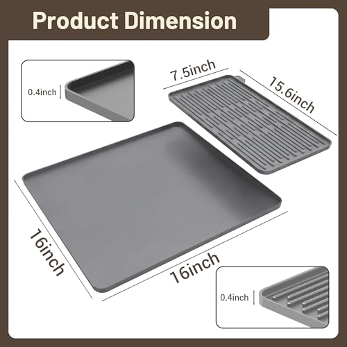 Image of Silicone Coffee Mat for Countertop, 16x16 inch Heat Resistant Espresso Machine Mat, Non-Slip Coffee Bar Mat with Detachable Drying Area and Raised Edge, Waterproof Station Pad - Grey