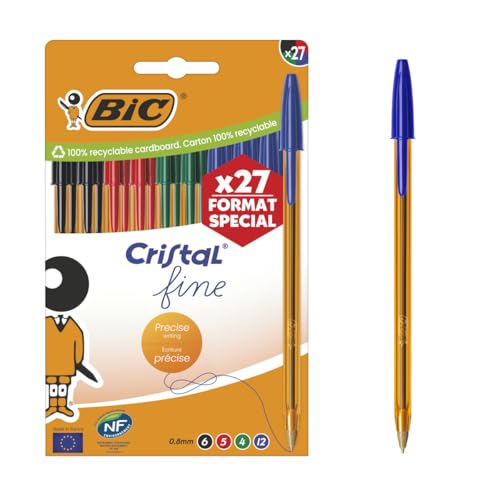 BIC Cristal Fine Bolígrafos de Punta Fina (0,80 mm) - Colores de Tinta Surtidos, Caja de Edición Especial de 27