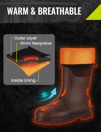 TIDEWE Rubber Work Boot for Men with Steel Shank, Waterproof Anti Slip Hunting Boot, Warm 6mm Neoprene Hunting Mud Boot, Sturdy Black Rubber Boot for Farming, Gardening, Fishing, Size 6-144