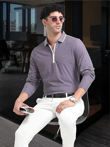 Image of STELLERS Men's Melange Full Sleeve Zipper Polo T-Shirt | Feather Soft Fabric | Breathable | Regular Fit | Quick Dry | Wrinkle Free | Tipping Design