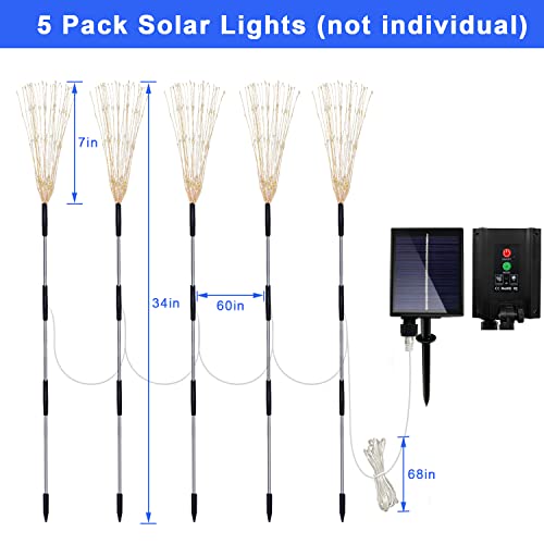 Solar Firework Lights - 5 Pack 120 LED Remote Control Solar Decorative Lights with Waterproof Stake & 8 Flashing Modes for Garden Pathway Courtyards Decor (Colorful)