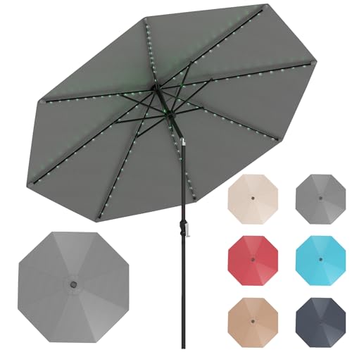 KOMFOTTEU Sombrilla de Jardín Ø 3 m con 96 Luces LED y 9 Modos, Parasol Terreza Exterior Inclinable de 35° con 8 Varillas, Sombrilla de Patio para Balcón, Piscina, sin Base (Gris)