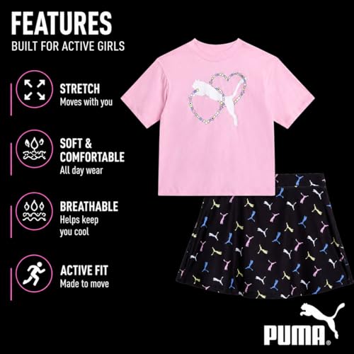 Image of PUMA Girls Athletic Skort Set - 2 Piece Workout Set Active Skirt with Shorts & Short Sleeve T-Shirt Girls Athletic Outfit