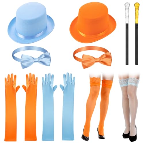 WGXX 10 Pcs Orange and Blue Top Hat Costume for Women Include 2 Top Hat 2 Bow Tie 2 Long Gloves 2 Walking Cane 2 Knee stockings Halloween Costume Set for Cosplay