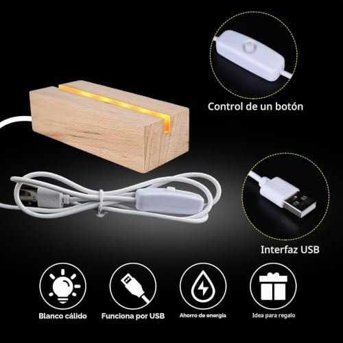 Miniatura 3 de Vegena 2 Piezas Base De Exhibición De Luces Led, Base De Madera Con Luz Led, Base De Madera Rectangular Con Usb Para Placa Acrílica, Placa De Cristal 10cm De Largo, Blanco Cálido