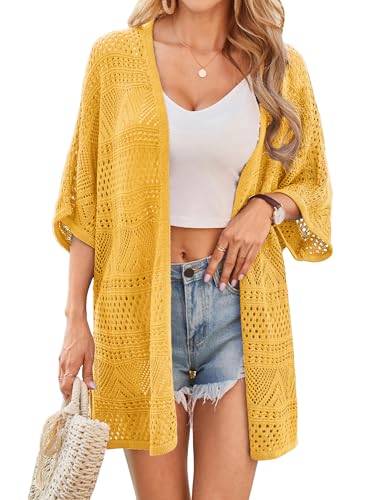 Image of GRACE KARIN Women Lightweight Summer Cardigan Crochet Knit Kimono Sweaters | Lightweight Crochet Knit Fabric, Short-sleeve Open-front Oversized Kimono, Ideal Casual Outerwear for Summer Daily Wear