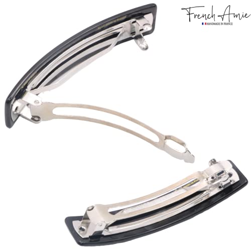 French Amie Oblong Handmade 3.5" Celluloid Hair Barrette Clip Women Hair Accessories, Made In France (Black Finish) #TOP4