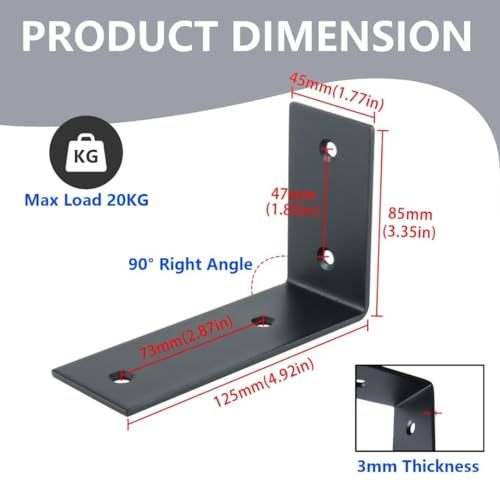 Mooche Schwarze Regalhalterungen, 4 Stück, Breite L-Förmige Wandhalterungen für Regale, Edelstahl, 90 °, Rechtwinklig, Regalträger für Holz