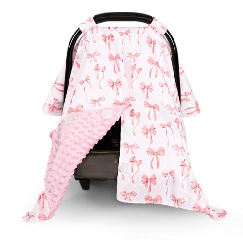DAYEEBALL Baby Car Seat Cover, Minky Carseat Cover Baby Girl, Peekaboo Opening Infant Car Seat Cover, Warm Baby Car Seat Canopy for Winter, Pink Bow