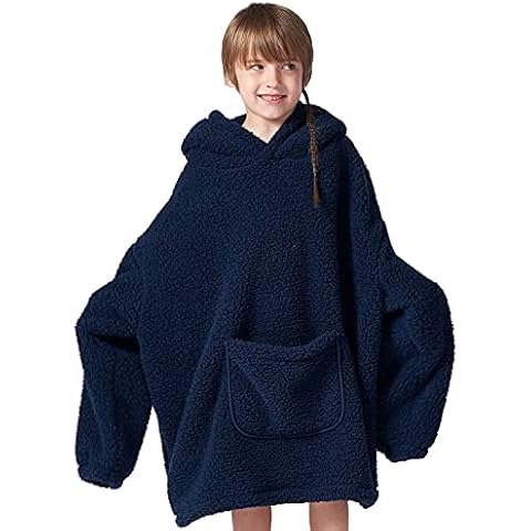 Hansleep Wearable Blanket Hoodie for Kids,Teens, Boys, Girls, Youth,Comfy Sherpa Hooded Blanket Sweatshirt,Sweater Blanket to Keep You Warm and Cozy,Small(Navy Blue,30x28 Inch) Cover