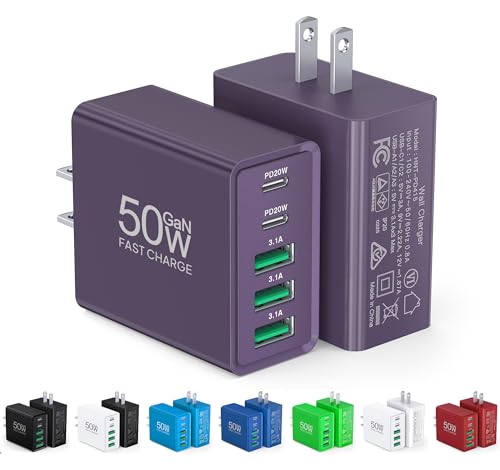 Image of [2-Pack] USB C Wall Charger, 50W Charger Block 5-Port PD Fast Charging Blocks,Multiport 2USB C+3USB A Plug,Type C Power Adapter Brick Cube for iPhone 17 /16 /15 /14 /13 /Pro,Samsung,for Switch（Purple）