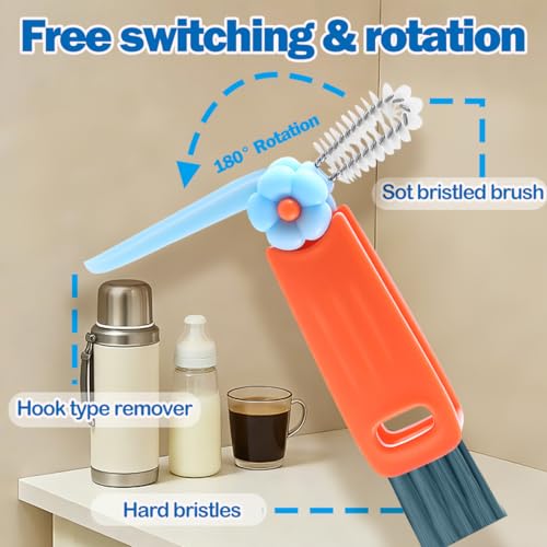 Image of 3 in 1 Cup Lid Cleaning Brush, 8PCS Multifunctional Crevice Cleaning Brush for Tumbler Water Bottle Lid, Deep Clean Tool for Home Kitchen, Red, Blue, White, Orange