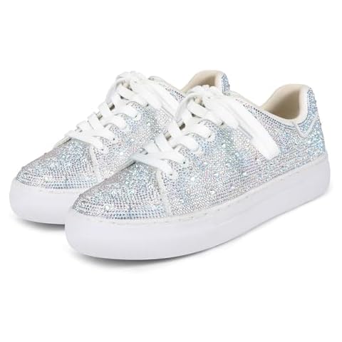 Women's Fashion Bling Rhinestone Sneakers Sparkly White Glitter Wedding Party Sneakers Tennis Shoes for Women Cover