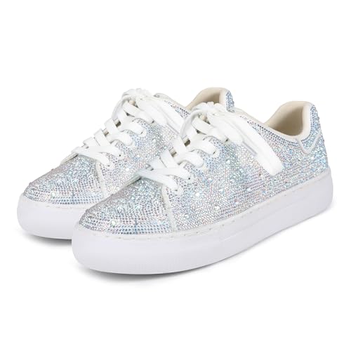 Women's Fashion Bling Rhinestone Sneakers Sparkly White Glitter Wedding Party Sneakers Tennis Shoes for Women