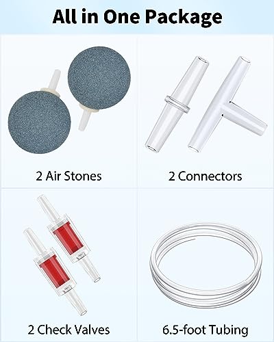 Uniclife Aquarium Air Pump 80 GPH Fish Tank Oxygen Pump for Fish Tanks up to 200 Gallons Dual Outlet Adjustable Quiet Aerator Pump with Air Stones Airline Tubing Check Valves and Connectors