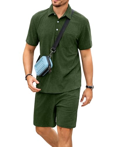 Image of ZAFUL Men's 2 Pieces Sets Outfits Summer Beach Set Short Sleeve Button Down Zip Up Shirt And Short Sets