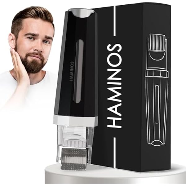 HAMINOS Derma roller 0,5 mm 3.0 z Pojemnikiem do Włosy, Broda, Skóra, Zmarszczki, Rozstępy, Hiperpigmentacja NATYCHMIASTOWA APLIKACJA SERUM, 520 igieł tytanowych