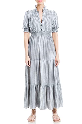 chinese dress ladies Max Studio Women's Plaid Smocked Tiered Maxi Dress, White/Navy-Nt13,  X-Large at Amazon Women's Clothing store