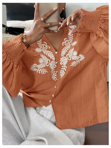 SHENHE Women's Embroidered Linen Shirts Button Up Bishop Sleeve V Neck Boho Blouse4
