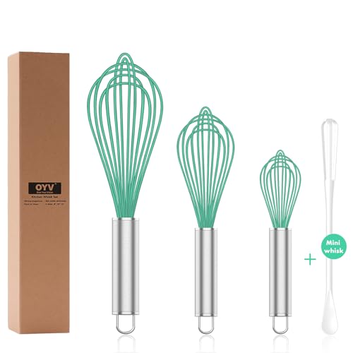 Image of OYV Teal Silicone Whisk, Professional Silicone Whisks For Cooking Non Scratch, Stainless Steel & Silicone Wisk,Plastic Rubber Whisk Tool for Nonstick Cookware Pans, Silicon Wisks Set of 3, Aqua