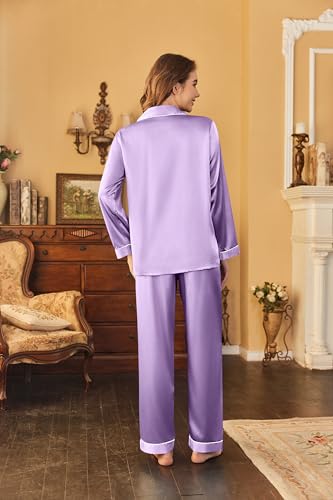 Image of Ekouaer Women's Classic Button Down Long Satin Silk Pajama Set